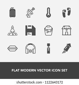 Modern, simple vector icon set with handle, technology, communication, gallon, sign, rocket, food, footwear, satellite, suitcase, estate, hamburger, home, thermometer, container, water, diskette icons