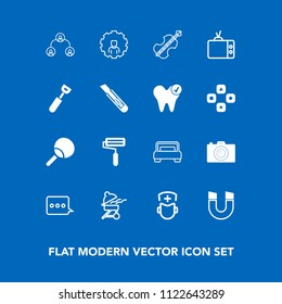 Modern, simple vector icon set on blue background with tennis, web, surgeon, photo, double, structure, leisure, medicine, mobile, ping, message, sign, cooking, doctor, hierarchy, furniture, meat icons