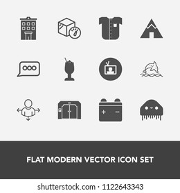 Modern, simple vector icon set with elevator, estate, alcohol, ocean, place, sign, tv, building, white, screen, cocktail, nature, adventure, box, chat, bar, message, speech, tent, technology icons