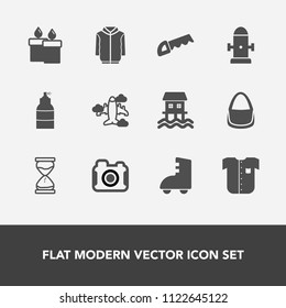 Modern, simple vector icon set with roller, christmas, bag, flight, celebration, photography, jacket, candlelight, wax, travel, photographer, flame, hydrant, hour, water, camera, houseboat, work icons