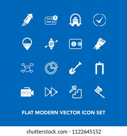 Modern, simple vector icon set on blue background with presentation, luggage, bellboy, health, down, man, button, brush, hotel, currency, machine, shovel, upstairs, service, camera, business, up icons