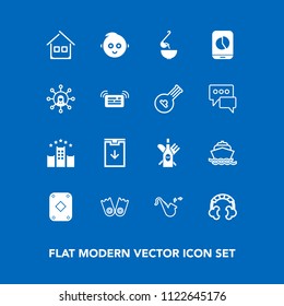 Modern, simple vector icon set on blue background with architecture, trumpet, building, bed, yacht, bugle, web, wine, vacation, soup, home, boat, child, childhood, underwater, sport, baby, audio icons