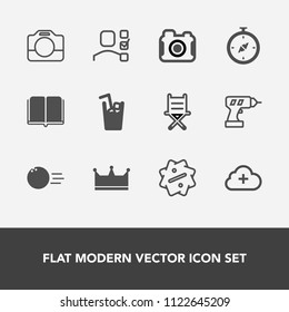 Modern, simple vector icon set with armchair, literature, sale, book, hand, chair, photo, film, add, technology, pin, discount, office, seat, handle, bowling, photography, ball, cold, library icons