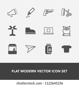 Modern, simple vector icon set with clothes, owl, gun, glass, pistol, grocery, profile, footwear, speaker, web, hair, loud, email, sound, pen, store, shirt, tropical, sign, fashion, shop, animal icons