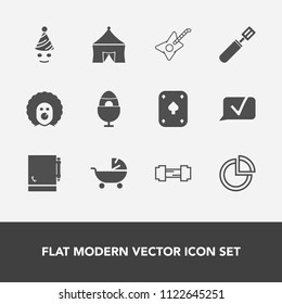 Modern, simple vector icon set with chart, holiday, fitness, baby, party, workout, pan, scary, guitar, communication, music, happy, stroller, chat, sport, page, spring, kitchen, gym, fun, circus icons