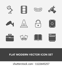 Modern, simple vector icon set with foreman, entertainment, up, sport, education, security, surveillance, flipper, carnival, literature, mask, construction, celebration, summer, video, textbook icons