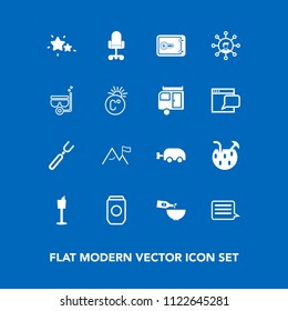 Modern, simple vector icon set on blue background with restaurant, nature, display, can, tin, bank, spoon, money, message, food, star, mask, fork, white, night, communication, sky, sign, summer icons