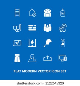 Modern, simple vector icon set on blue background with pants, housework, house, ladder, farming, home, woman, staple, download, chat, service, uniform, science, chemistry, upload, shopping, meat icons
