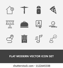 Modern, simple vector icon set with morning, home, navigation, book, hammer, nature, house, real, salt, sound, food, landlord, owner, location, pepper, profile, apartment, sunrise, road, spice icons