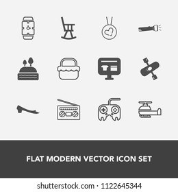 Modern, simple vector icon set with sound, minute, ecommerce, helicopter, web, time, kayak, radio, hand, cake, dessert, sweet, office, clock, necklace, button, water, food, picnic, flashlight icons