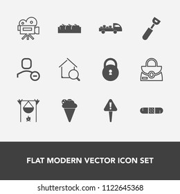 Modern, simple vector icon set with flame, exclamation, spoon, apple, home, medical, hot, account, video, lock, campfire, sign, object, bonfire, fireplace, delivery, ice, bag, cooking, leather icons