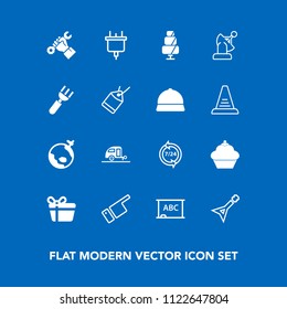 Modern, simple vector icon set on blue background with cake, chalkboard, help, pointing, musical, box, flight, doughnut, showing, plug, people, guitar, celebration, vacation, electricity, helmet icons