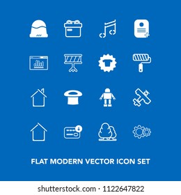 Modern, simple vector icon set on blue background with website, sack, music, machine, plane, robot, drum, hat, money, clothing, flight, house, environment, identity, clothes, holiday, analytics icons