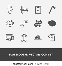Modern, simple vector icon set with switch, journey, space, headset, payment, trailer, aircraft, caravan, chat, dish, vacation, table, sign, light, tshirt, empty, umbrella, office, airplane, web icons