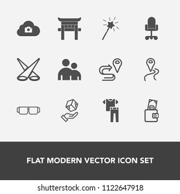 Modern, simple vector icon set with sun, route, fashion, chair, glasses, japan, spotlight, collection, web, cargo, sign, office, shrine, person, man, location, light, purse, magic, package, wand icons