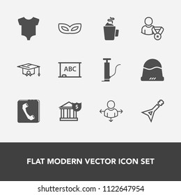 Modern, simple vector icon set with clothing, place, musical, white, school, graduation, travel, headwear, direction, sign, celebration, hat, road, board, kid, black, internet, finance, cup, cap icons