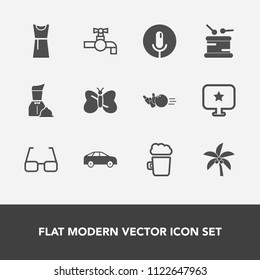 Modern, simple vector icon set with pin, eyeglasses, bathroom, restaurant, female, star, butterfly, move, leaf, music, insect, food, sound, record, ball, left, highway, microphone, water, sign icons