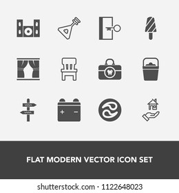 Modern, simple vector icon set with video, japanese, mon, door, escape, comfortable, dessert, cinema, full, room, instrument, interior, handle, kamon, battery, estate, chair, brush, speaker, way icons