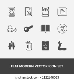 Modern, simple vector icon set with house, building, recycling, home, fitness, man, space, cardiology, bin, timer, animal, clock, education, textbook, tool, technology, owl, craft, web, heart icons