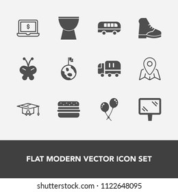 Modern, simple vector icon set with delivery, laptop, musical, boot, insect, road, banner, truck, nature, planet, university, car, notebook, technology, percussion, street, screen, white, cargo icons