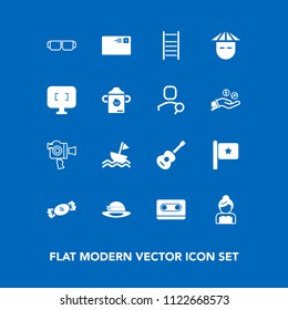 Modern, simple vector icon set on blue background with people, audio, tape, sail, bride, america, lollipop, sweet, nation, film, young, mail, internet, equipment, handle, sunglasses, letter, sun icons