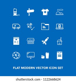 Modern, simple vector icon set on blue background with drink, clothes, pc, internet, casino, coffee, rocket, direction, game, risk, gambling, package, box, white, menu, telephone, ironing, house icons