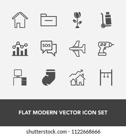 Modern, simple vector icon set with work, storage, real, aircraft, trend, chart, athlete, danger, increase, machine, desk, building, flight, home, estate, sos, equipment, help, house, folder icons