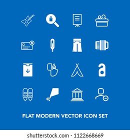 Modern, simple vector icon set on blue background with public, businessman, adventure, musical, privacy, travel, female, meeting, user, money, , clothing, fire, finance, guitar, joy, account icons