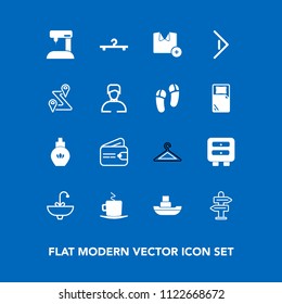 Modern, simple vector icon set on blue background with coffee, money, way, bathroom, fashion, direction, aroma, faucet, sink, ship, wallet, drink, clothes, ocean, water, button, equipment, sew icons