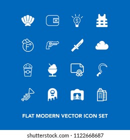 Modern, simple vector icon set on blue background with monster, tool, purse, jazz, drink, certificate, food, house, space, ice cream, gardening, frame, cafe, trumpet, garden, shell, cup, finance icons