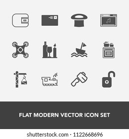 Modern, simple vector icon set with internet, online, food, railway, sail, purse, glass, protection, wine, communication, nautical, dollar, axe, transportation, oven, modern, payment, music, saw icons