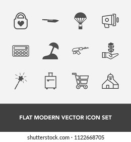 Modern, simple vector icon set with wand, island, construction, gun, trolley, sea, magic, bag, military, calculator, luggage, palm, knife, fashion, nature, button, tree, announcement, kitchen icons