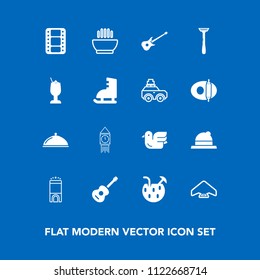 Modern, simple vector icon set on blue background with alcohol, drink, razor, service, ben, london, extreme, bird, tower, parachute, hot, food, movie, musical, jump, music, nature, fashion, hat icons
