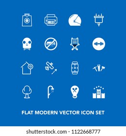 Modern, simple vector icon set on blue background with flight, electricity, bathroom, bed, hotel, time, retail, nature, business, sale, biker, home, bath, shower, landscape, helmet, owner, plane icons