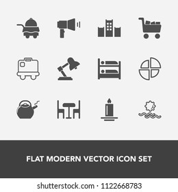 Modern, simple vector icon set with megaphone, commerce, graph, tray, business, furniture, table, communication, suitcase, pie, journey, tourism, bed, white, hostel, fire, flame, cart, travel icons