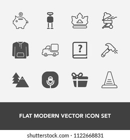 Modern, simple vector icon set with vehicle, futuristic, bank, celebration, gift, paper, coin, present, sound, book, robot, music, white, crown, radio, landscape, construction, pen, equipment icons