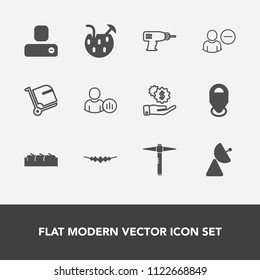 Modern, simple vector icon set with antenna, glass, baggage, airport, delete, hand, cocktail, dollar, work, jewelry, machine, person, healthy, hammer, map, investment, drink, location, food, bag icons