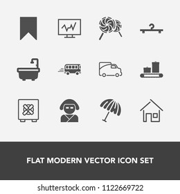 Modern, simple vector icon set with beautiful, road, doctor, transportation, candy, kimono, diagnostic, toilet, cloakroom, geisha, speed, umbrella, security, lollipop, technology, bag, safe, van icons