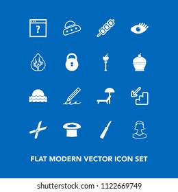 Modern, simple vector icon set on blue background with summer, up, profile, kitchen, garden, pen, sunbed, cut, human, upstairs, space, light, chair, nature, ufo, meat, downstairs, unknown, sun icons