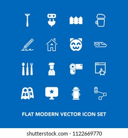 Modern, simple vector icon set on blue background with fork, technology, pencil, photographer, safety, website, click, photo, fence, drink, kitchen, power, bar, computer, camera, restaurant, map icons