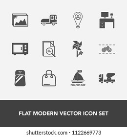 Modern, simple vector icon set with equipment, mixer, transport, truck, nature, spring, zoom, table, food, vehicle, construction, paper, sale, spice, cycle, bicycle, blossom, frame, salt, photo icons