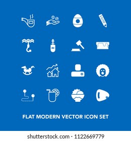 Modern, simple vector icon set on blue background with duck, human, pipe, character, guitar, summer, finance, juice, money, person, travel, real, tobacco, scary, classic, cocktail, home, drink icons