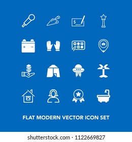 Modern, simple vector icon set on blue background with construction, winner, achievement, technology, adventure, outdoor, summer, spaceship, life, woman, nature, lady, sign, audio, architecture icons