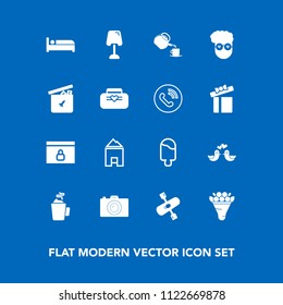 Modern, simple vector icon set on blue background with graphic, table, floral, drink, sweet, hotel, photo, flower, bird, website, cream, fashion, animal, style, food, bed, dove, pigeon, camera icons