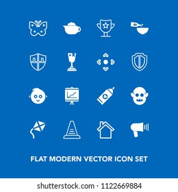 Modern, simple vector icon set on blue background with tea, insect, award, ufo, technology, child, leisure, ladder, mobile, annual, wing, hot, document, success, hygiene, report, teapot, up, kid icons
