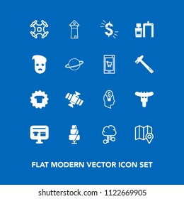 Modern, simple vector icon set on blue background with dinner, fashion, cart, clothes, station, clothing, internet, business, sausage, space, shirt, europe, aerial, orbit, architecture, famous icons