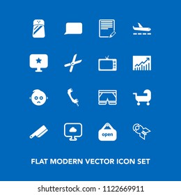 Modern, simple vector icon set on blue background with bubble, airport, salt, spice, open, falling, wear, document, store, sad, kitchen, fork, edit, shop, cutlery, template, table, food, cloud icons