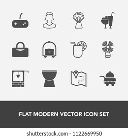 Modern, simple vector icon set with map, service, hotel, beacon, profile, stone, pin, travel, hot, water, juice, human, cream, drink, sweet, air, location, joystick, summer, lighthouse, room icons