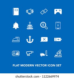 Modern, simple vector icon set on blue background with business, ironing, loud, closed, loudspeaker, identity, battery, speaker, web, card, energy, weapon, microscope, biology, domestic, ring icons