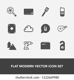 Modern, simple vector icon set with cloud, forest, blackboard, drill, cooking, white, telephone, environment, play, work, communication, school, find, musical, search, nature, information, game icons